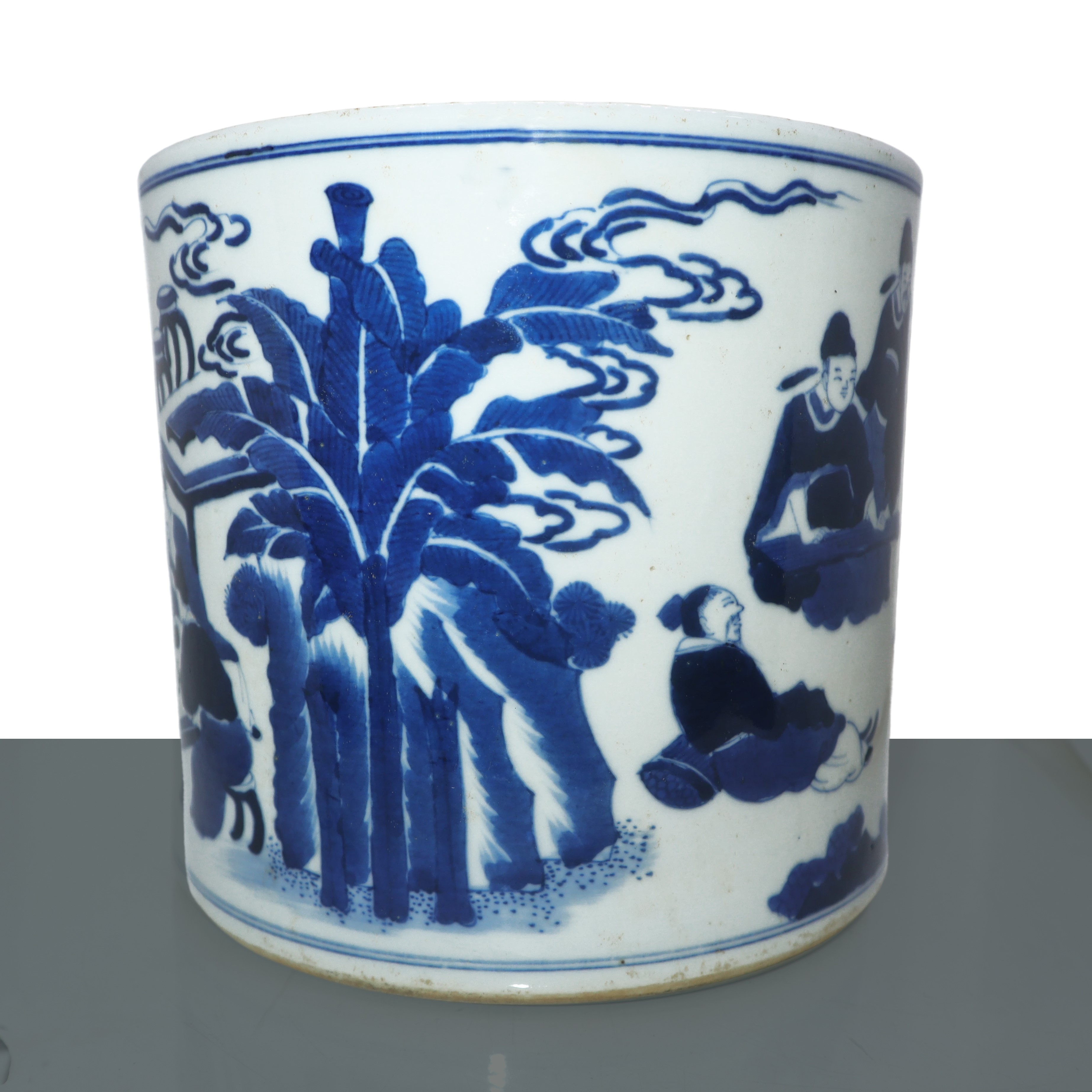 Portapenne cinese in porcellana smaltata nei toni del bianco e blu