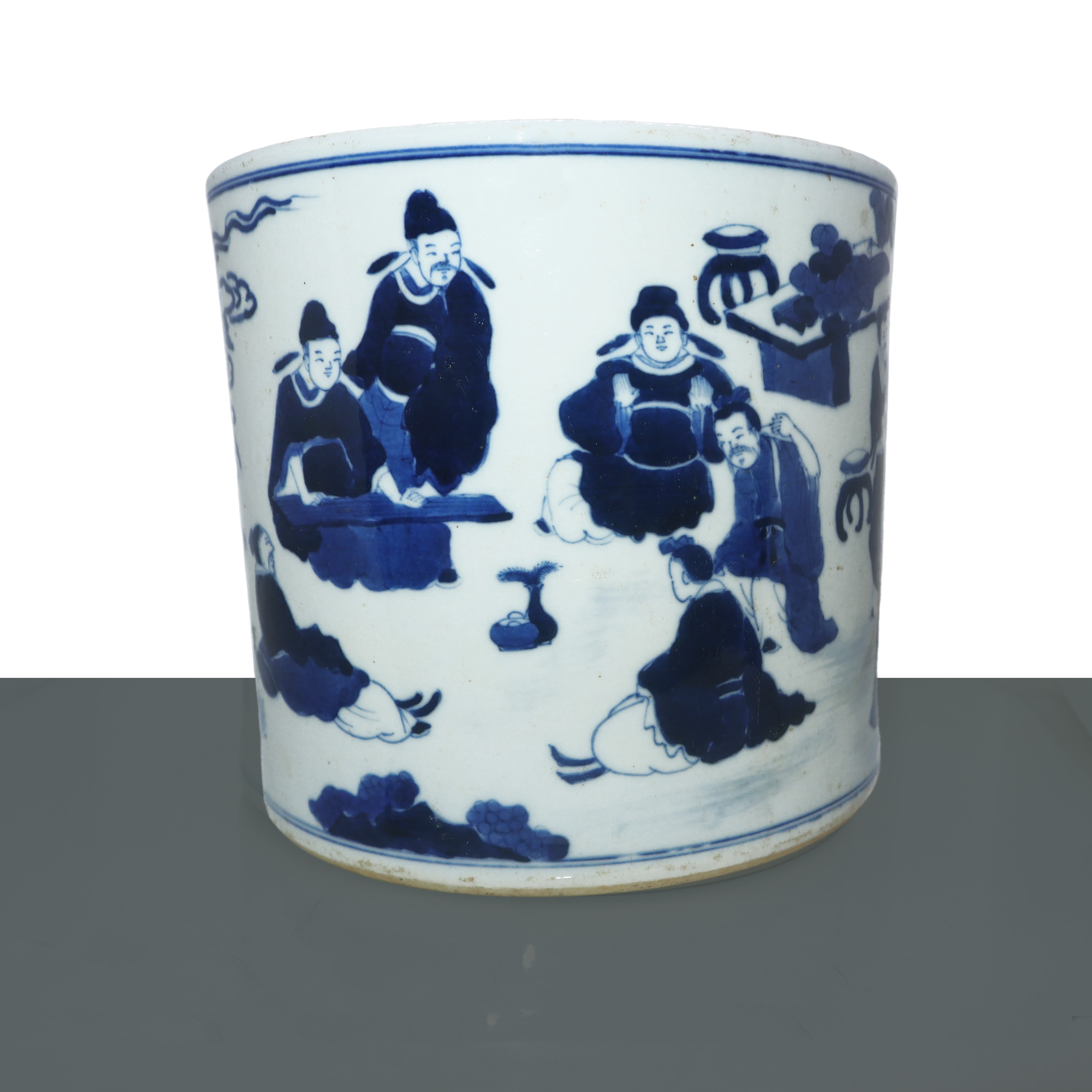 Portapenne cinese in porcellana smaltata nei toni del bianco e blu