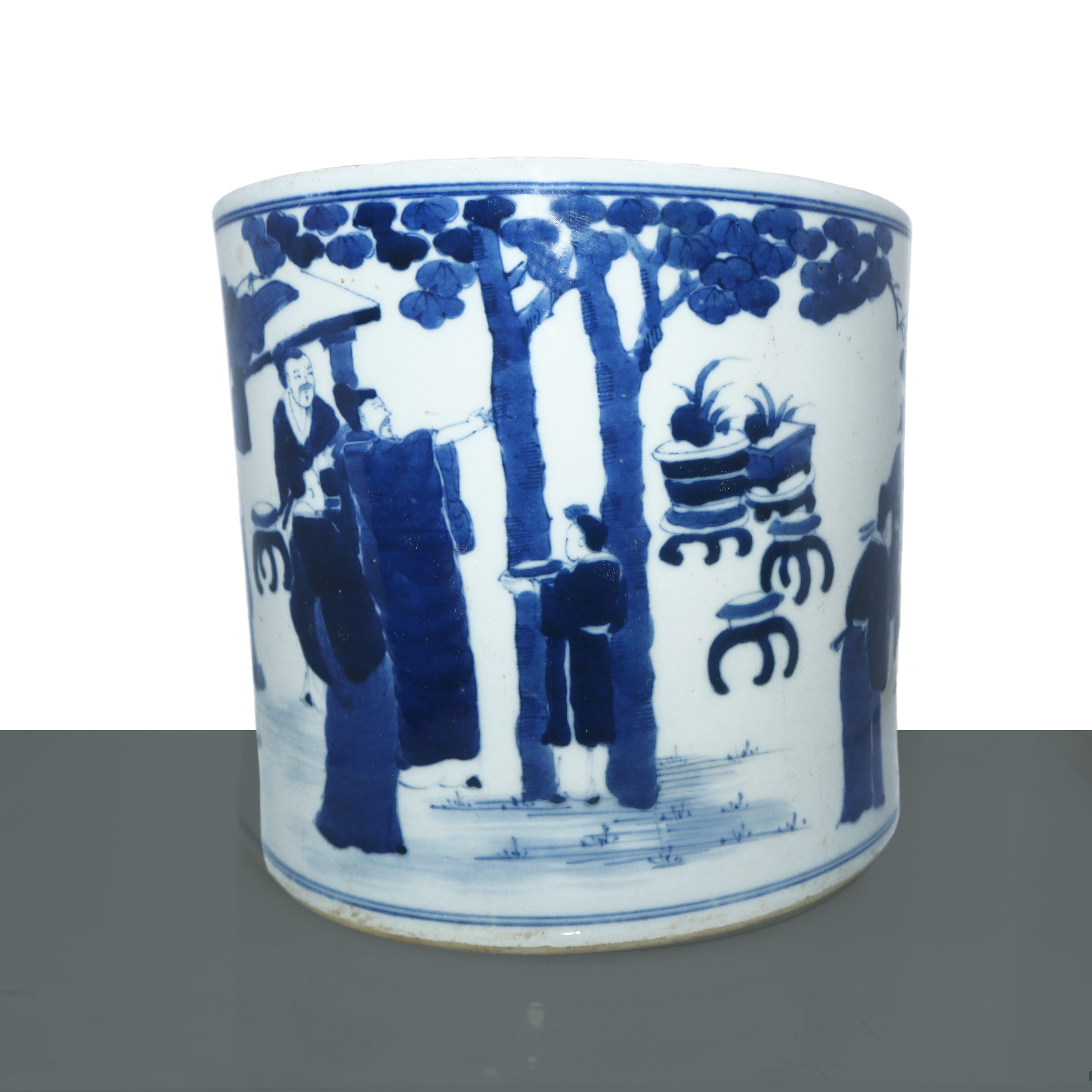 Portapenne cinese in porcellana smaltata nei toni del bianco e blu