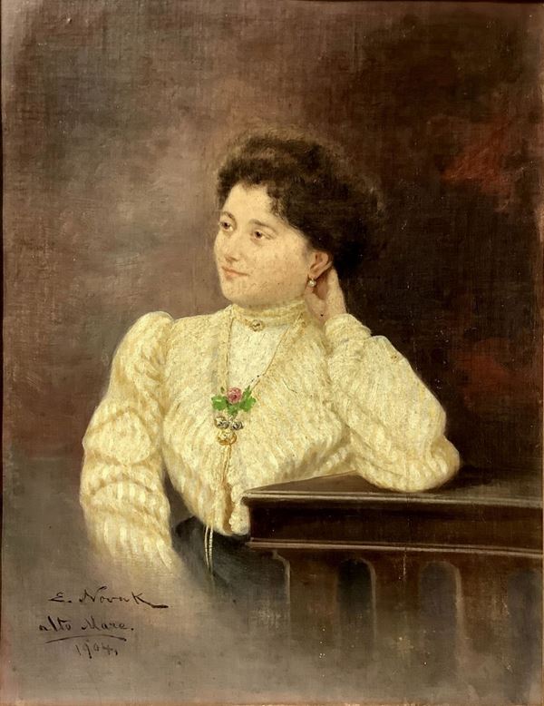 Ernst Nowak - Dipinto ad olio su tela applicata a cartone raffigurante donna, firmato in basso a sinistra E. Nowak&nbsp (1853-1919)&nbsp &ldquo alto mare&rdquo  e ... 