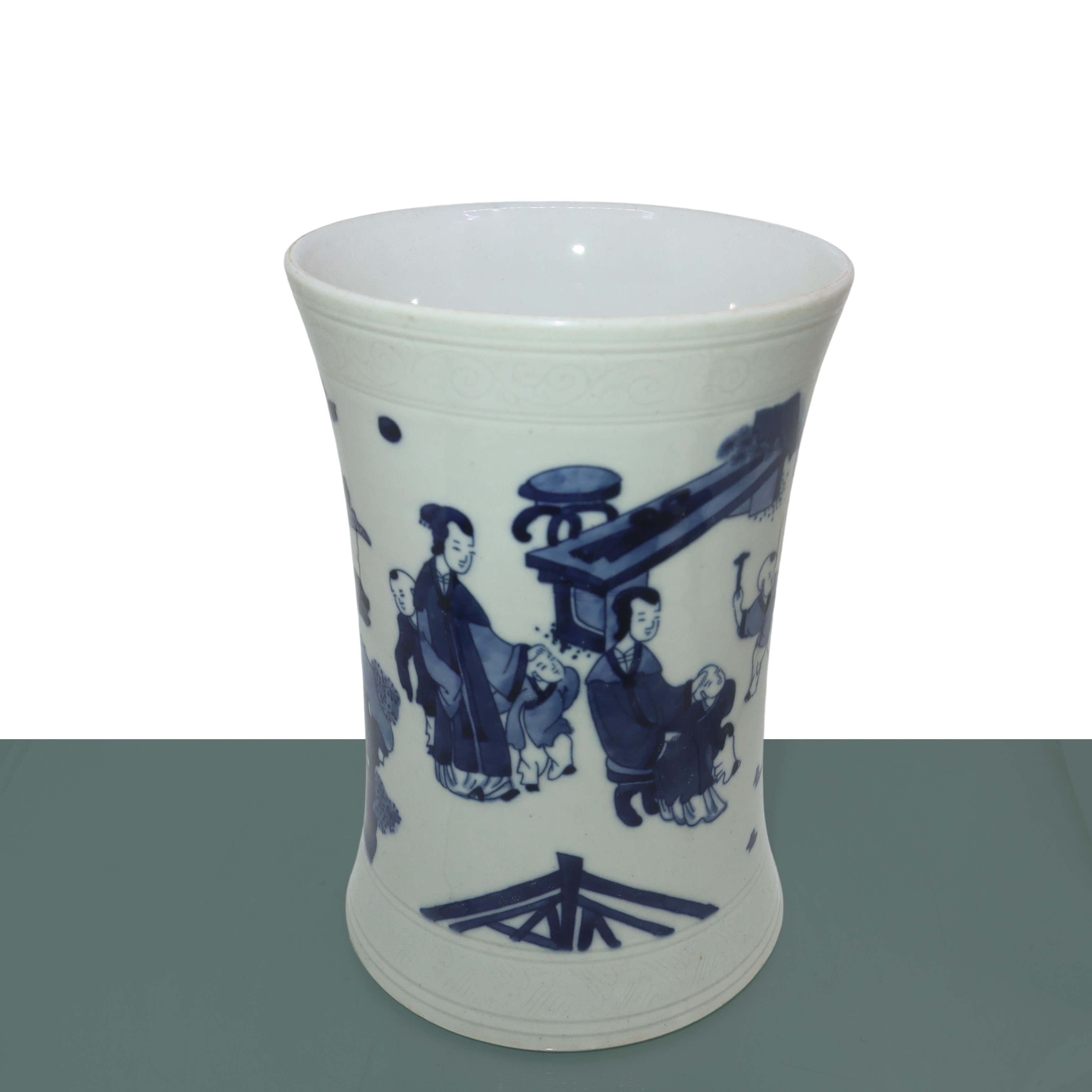 Portapenne in Ceramica Bianco con Decori Blu Raffiguranti Bambini che Giocano