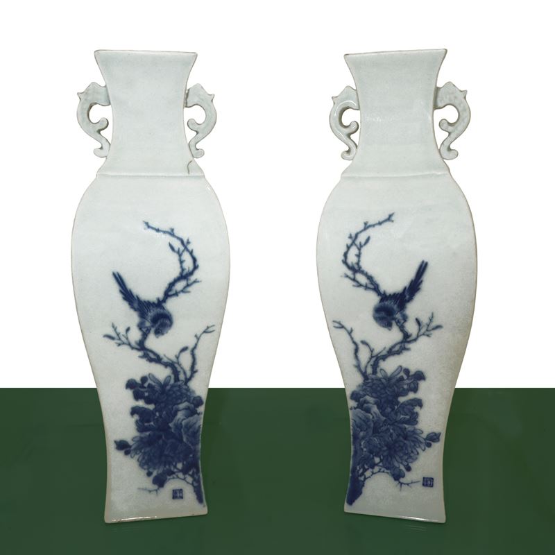 Coppia di vasi a sfondo bianco con decori floreali blu