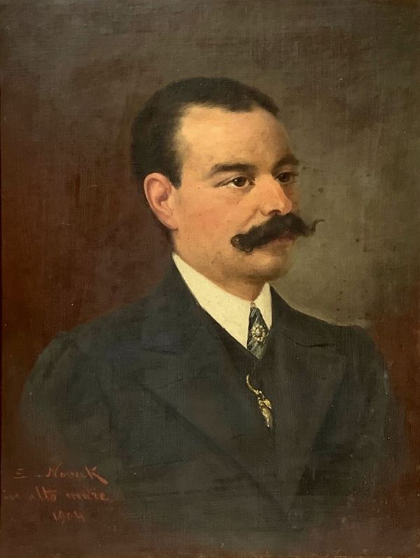 Ernst Nowak - Dipinto ad olio su tela applicata a cartone raffigurante uomo, firmato in basso a sinistra E. Nowak. 1904,â€œalto mareâ€ e datato 1904.
Cm 42x30, in ... 