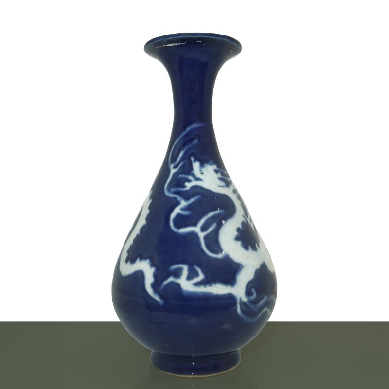 Vaso Yu Hu Chun, nei Toni del Blu con Decorazioni Raffigurante Draghi
