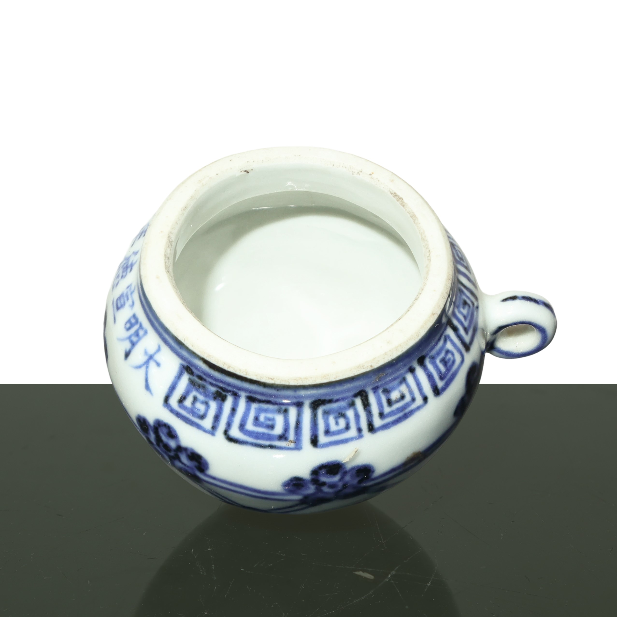 Piccolo barattolo cinese per cibo per uccelli in porcellana decorata blu e bianca con iscrizioni