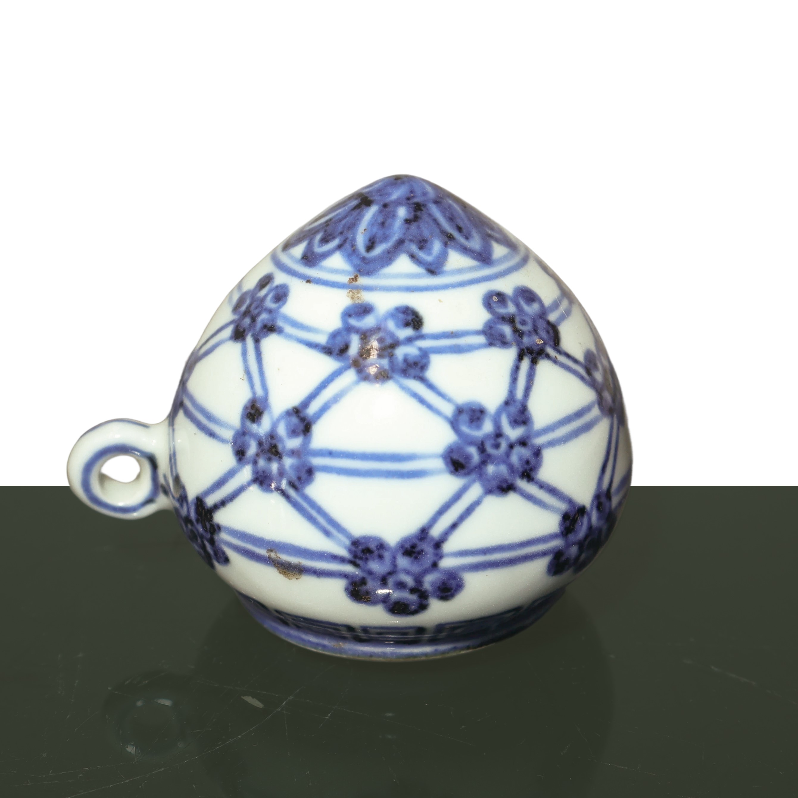 Piccolo barattolo cinese per cibo per uccelli in porcellana decorata blu e bianca con iscrizioni