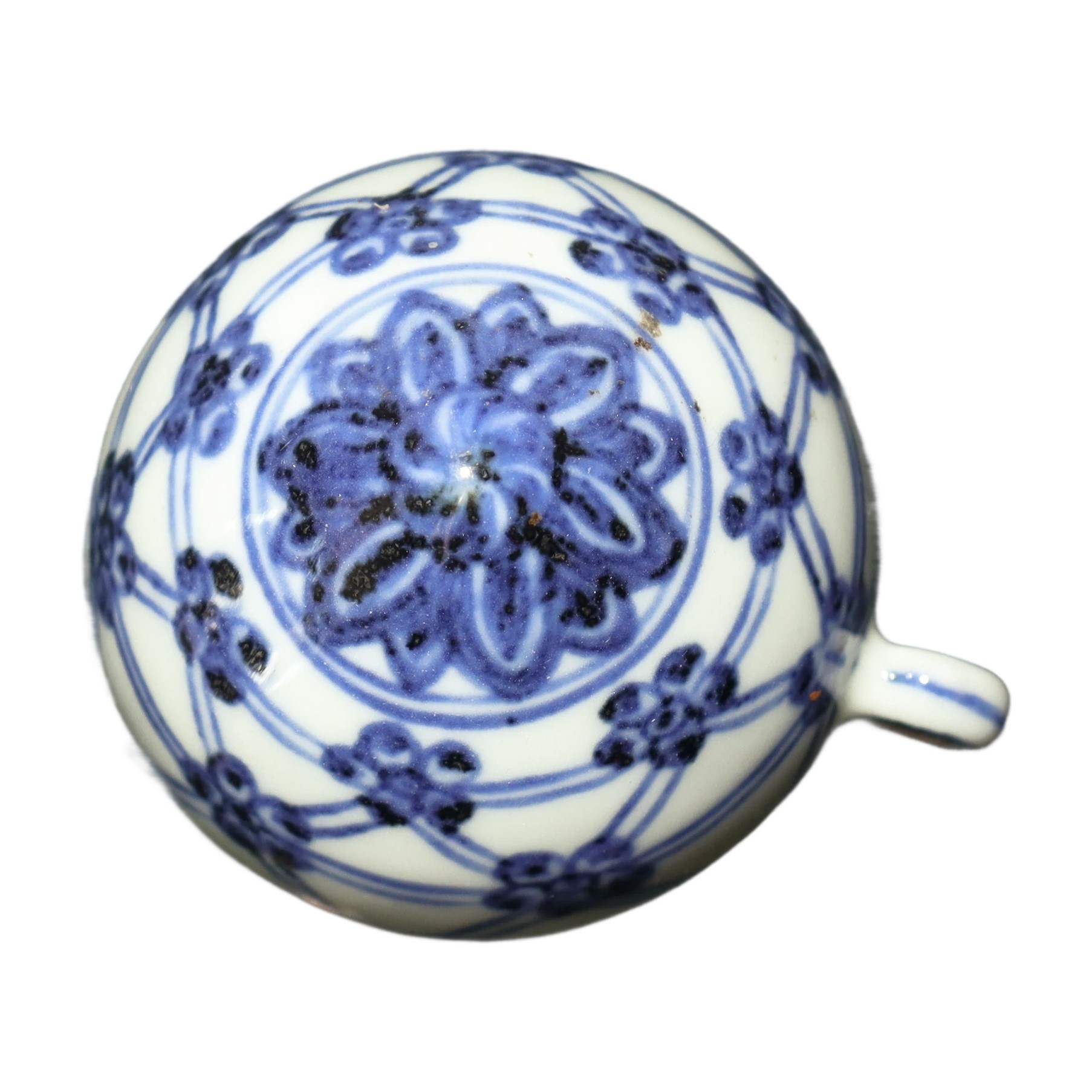 Piccolo barattolo cinese per cibo per uccelli in porcellana decorata blu e bianca con iscrizioni