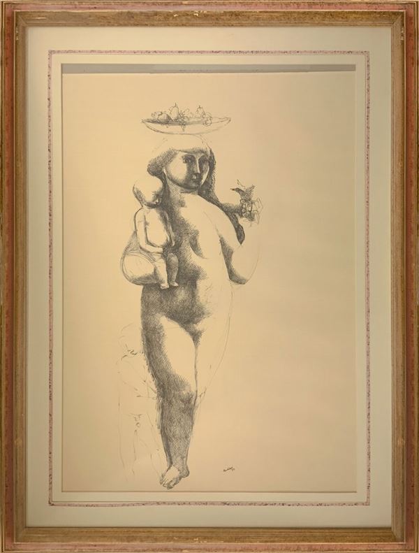 Disegno  a china "Abbondanza (nudo di donna con bimbi)," Domenico Tudisco. 1974, Firmato al centro in basso Cm 77x57, in cornice cm ... 