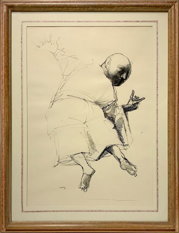 Domenico Tudisco, drawing in China depicting Karateka. 1974, signed at the bottom left cm 78x58, in Frame 86 x 66 cm ... Domenico ...