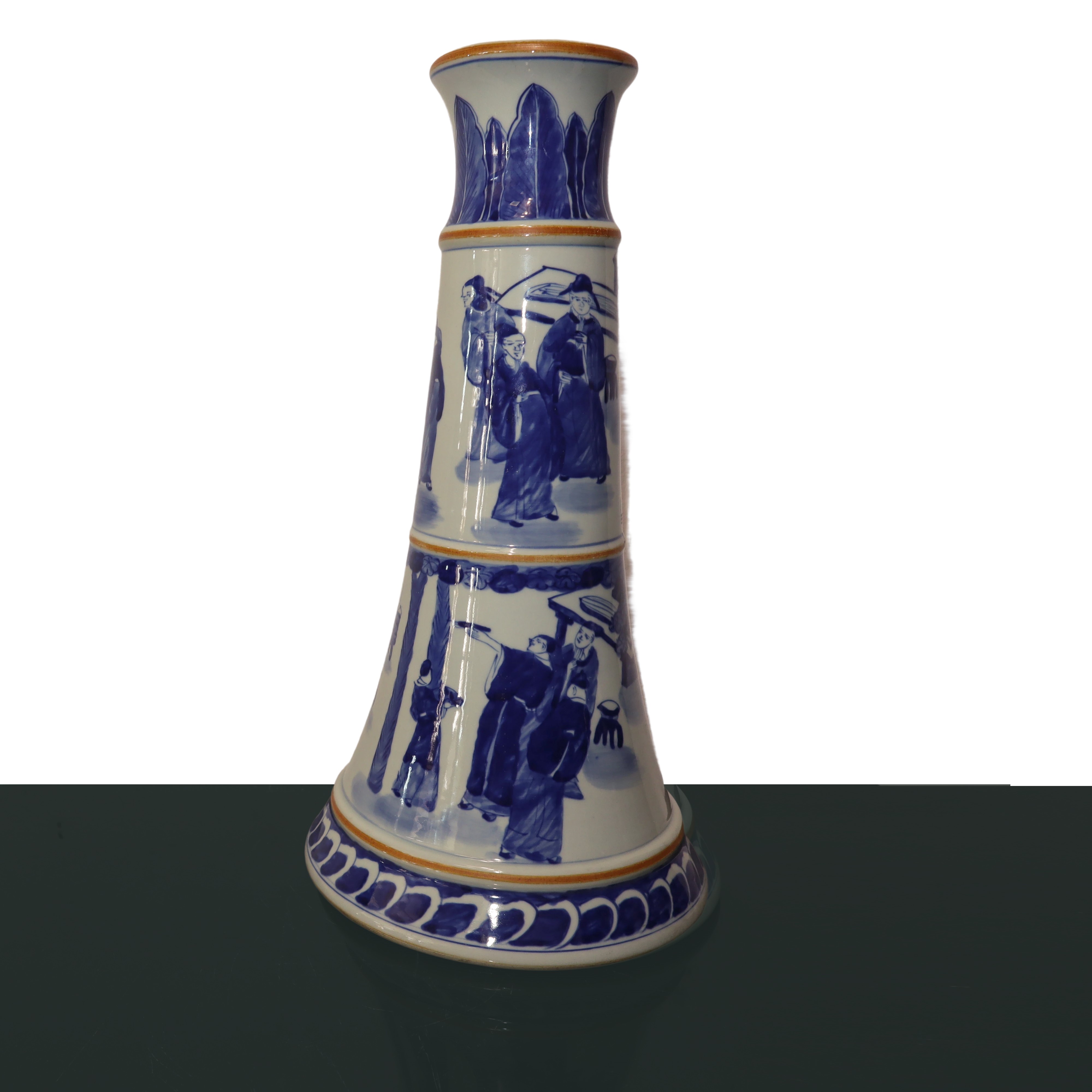 Lampada cinese decorata con scene di vita quotidiana nei toni del blu e del bianco