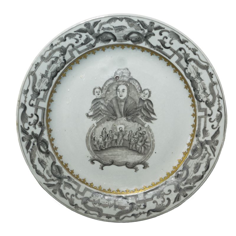 Piatto in porcellana cinese con decori lungo in bordo sul fronte raffigurazione di Martin Lutero