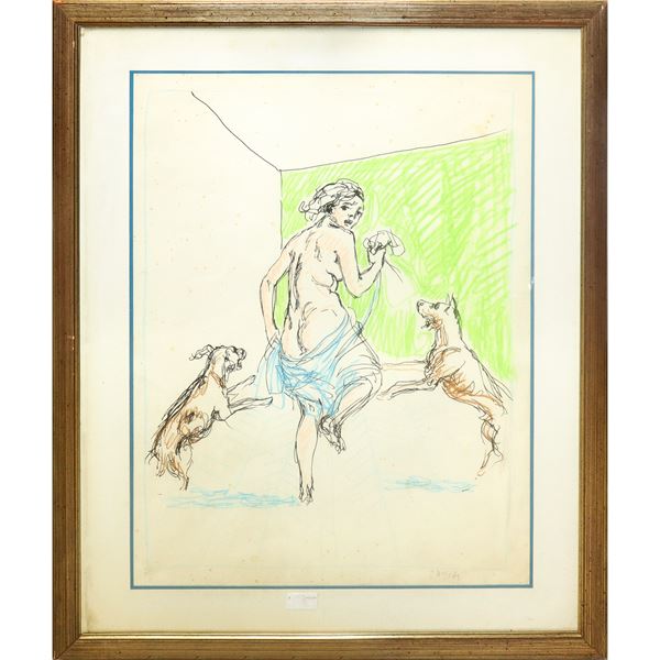 Alberto Sughi : Giovane inseguito da cani  - disegno su base serigrafica pastellata - Asta Arte Moderna e Contemporanea - Casa d'aste La Rosa