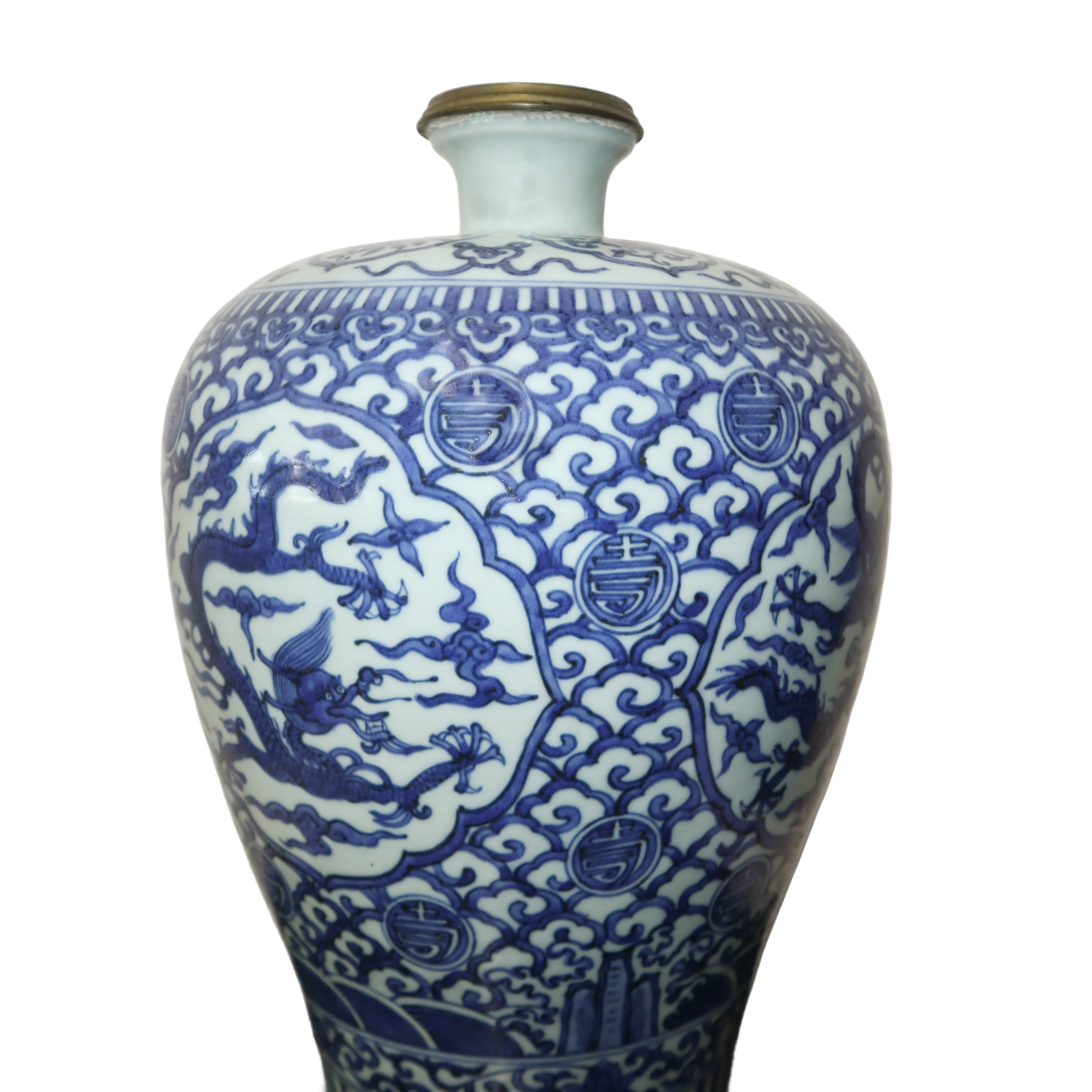 Vaso Mei Ping Riadattato Come Lampada da Tavolo nel XIX Secolo Bianca con Decori sui Toni del Blu