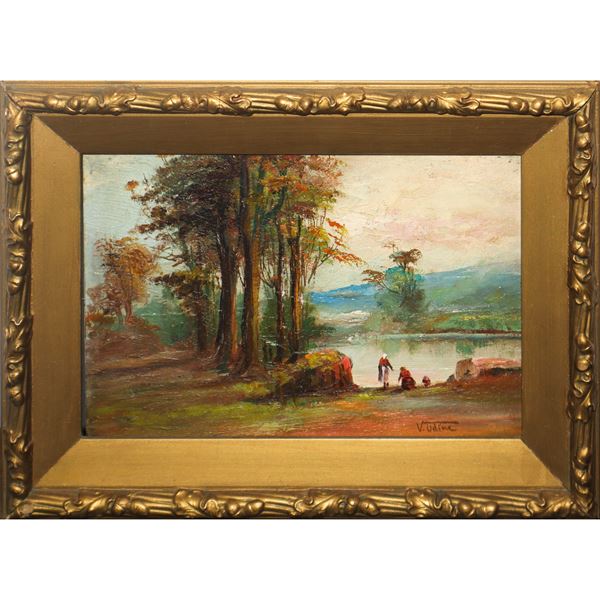 Vincenzo Udine - Paesaggio lacustre con personaggi e alberi