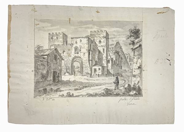 Design in China Gray watercolor depicting Porta San Paolo in Rome. Written down to the right door San Paolo Rome and dated 5 February 80 in ...