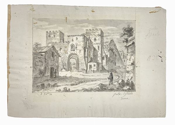 disegno  a china acquerellata grigio raffigurante Porta San Paolo a Roma. Scritto in basso a destra Porta San Paolo Roma e datato 5 febbraio '80 in ... 