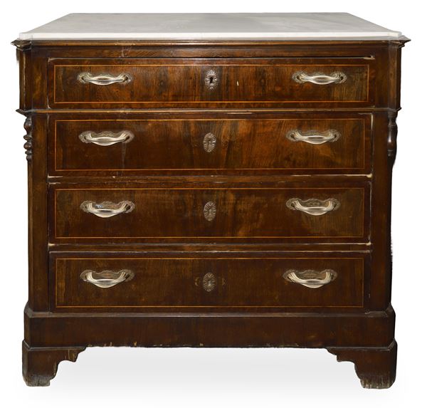 Chest of drawers 4 drawers white marble with shaped top with brass handles and escutcheons
