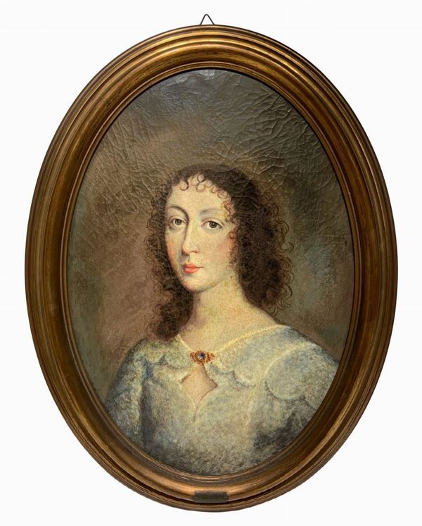 Dipinto ovale ad olio su tela raffigurante giovane donna, XIX secolo. Firmato Vernier. XIX secolo,H cm 70x50 In cornice cm 85x65 H cm 70x50 In ... 