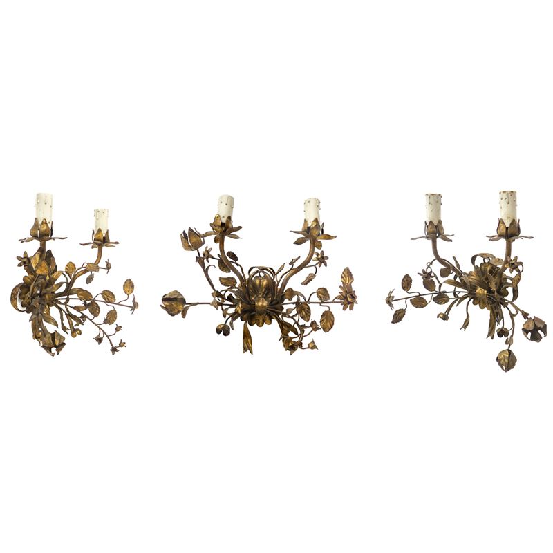 N°3 Appliques a Due Luci in Metallo Dorato