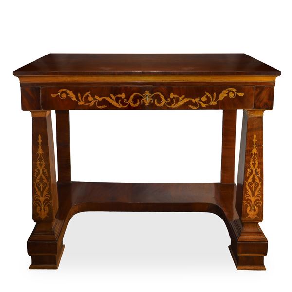 Charles X console table in mahogany feather wood with light wood inlays, inlaid baluster feet