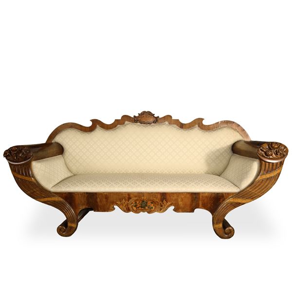 Boxed boat sofa with carved cornucopia armrests
