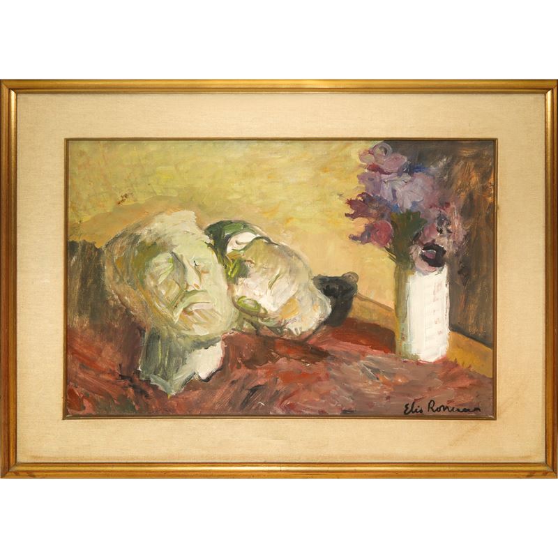 Natura morta con scultura e vaso con fiori