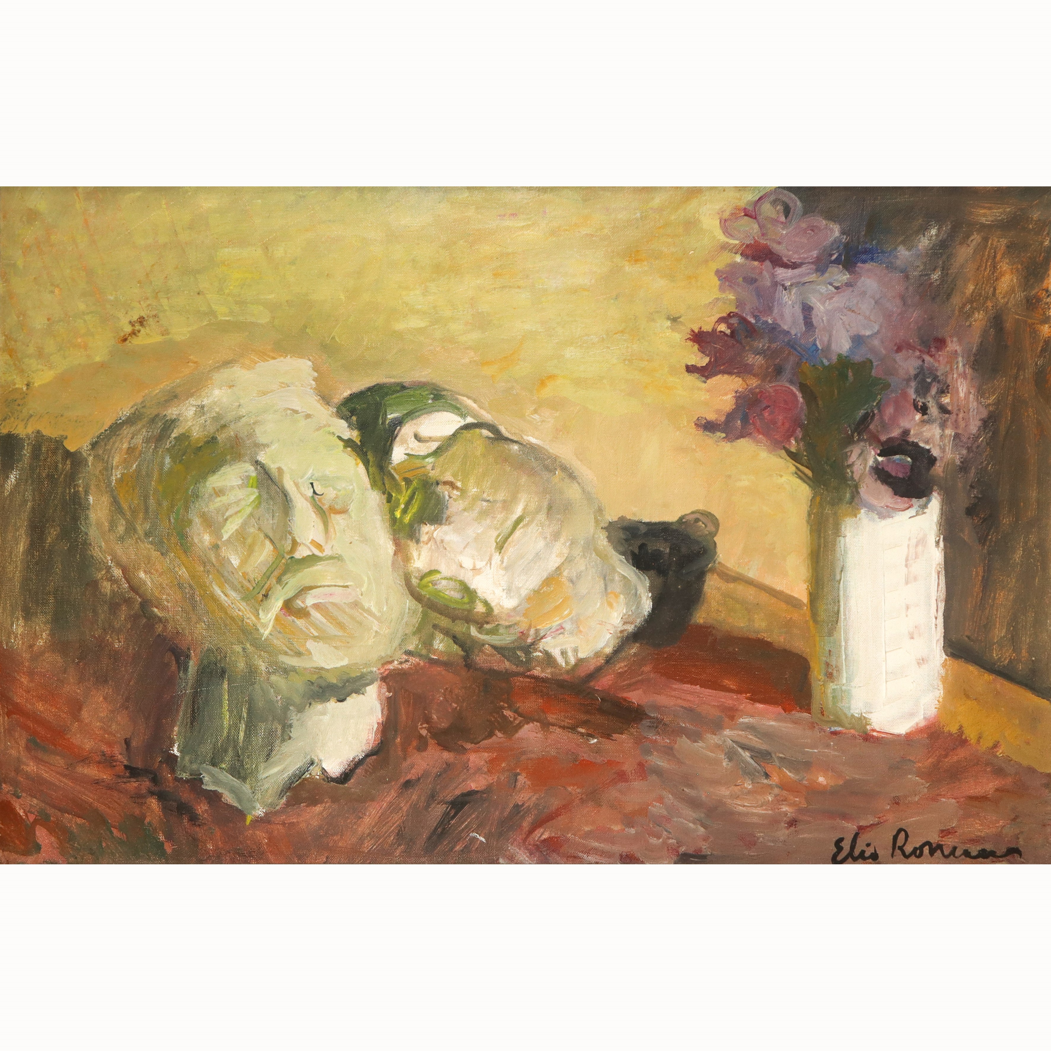 Natura morta con scultura e vaso con fiori