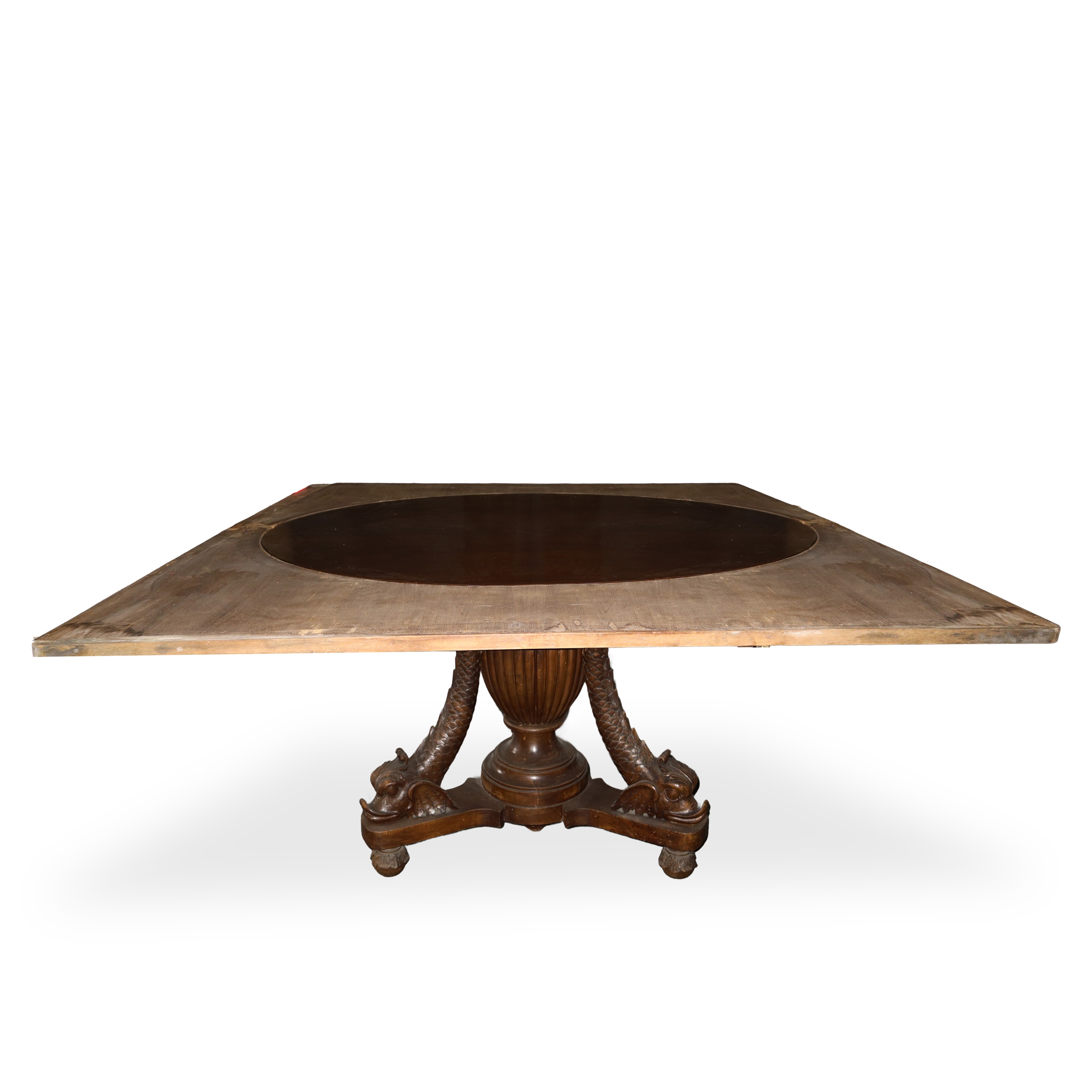 Tavolo allungabile con sostegno con triplice scultura, piano con balza scolpita