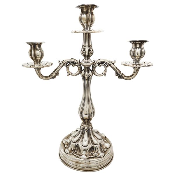 Three-light candlestick in 800 silver with circular base
