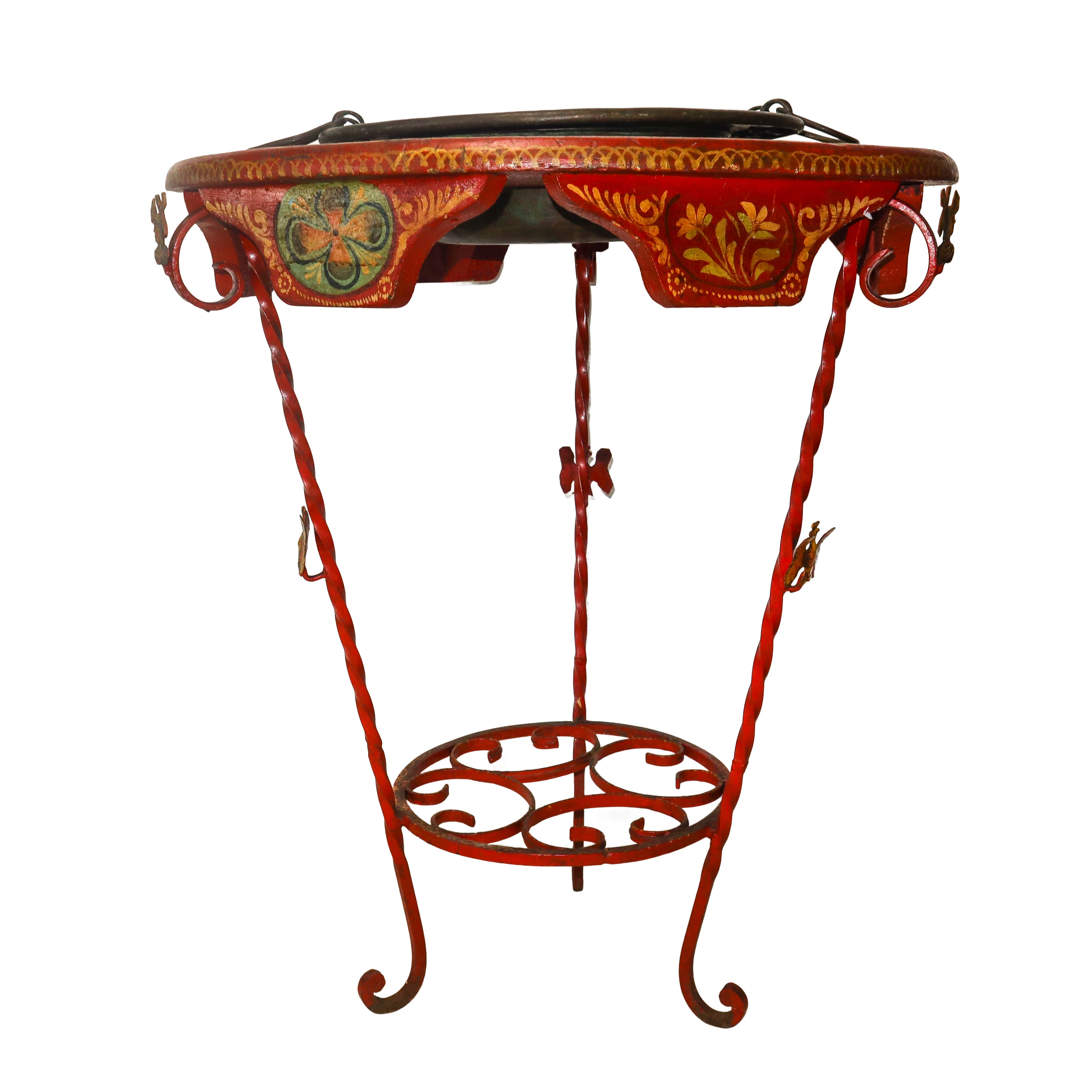 Braciere con supporto in ferro e legno dipinto con paladini, grottesche e paesaggio con Etna e Ac...