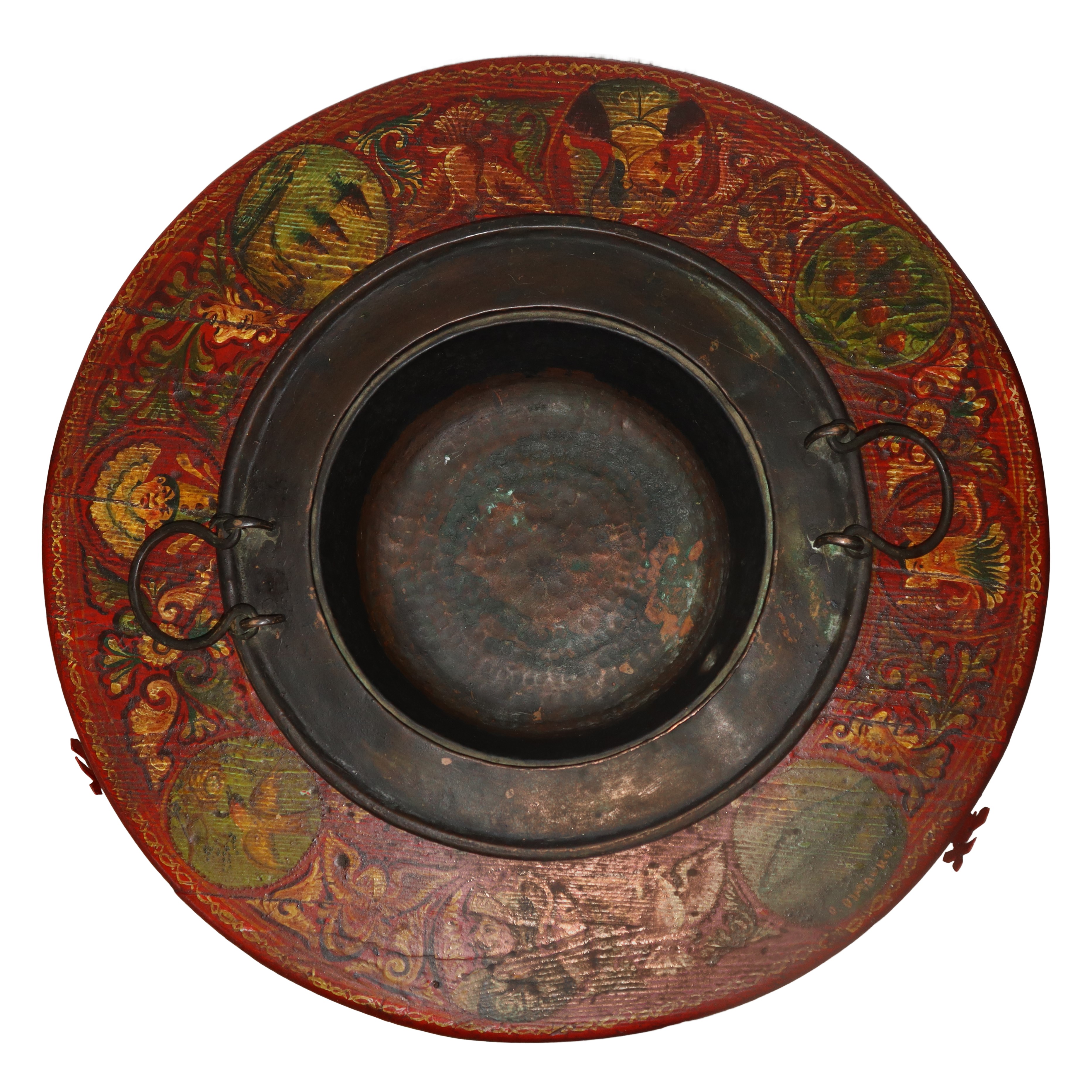 Braciere con supporto in ferro e legno dipinto con paladini, grottesche e paesaggio con Etna e Ac...