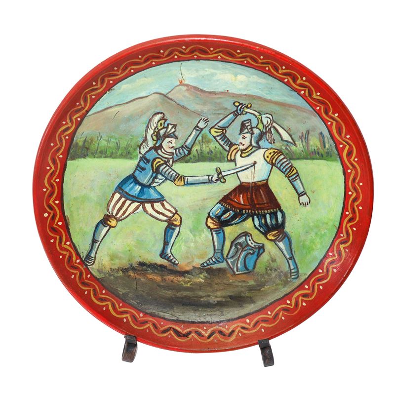 Piatto in ceramica con piedistallo in ferro con scena dei paladini