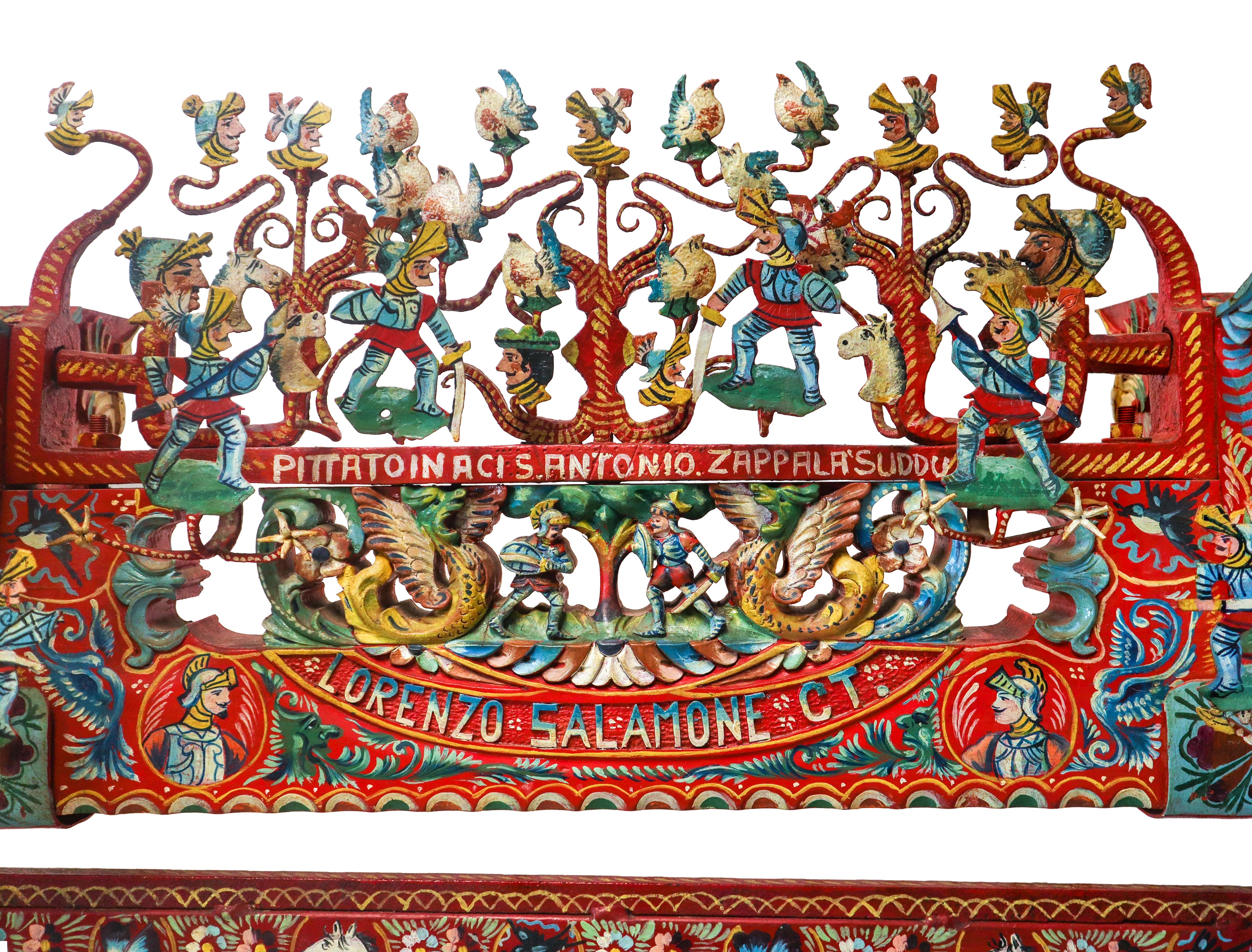 Cascia di fuso dipinta policroma con paladini in rilievo su sostegno in ferro