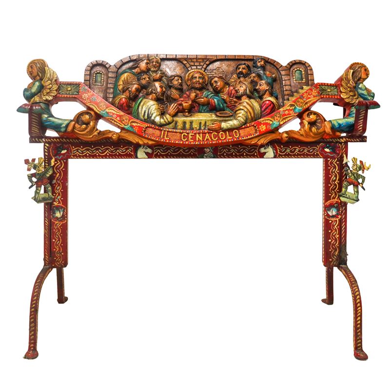 Il cenacolo, chiave di carretto scolpita e sbalzata a rilievo e dipinta policroma