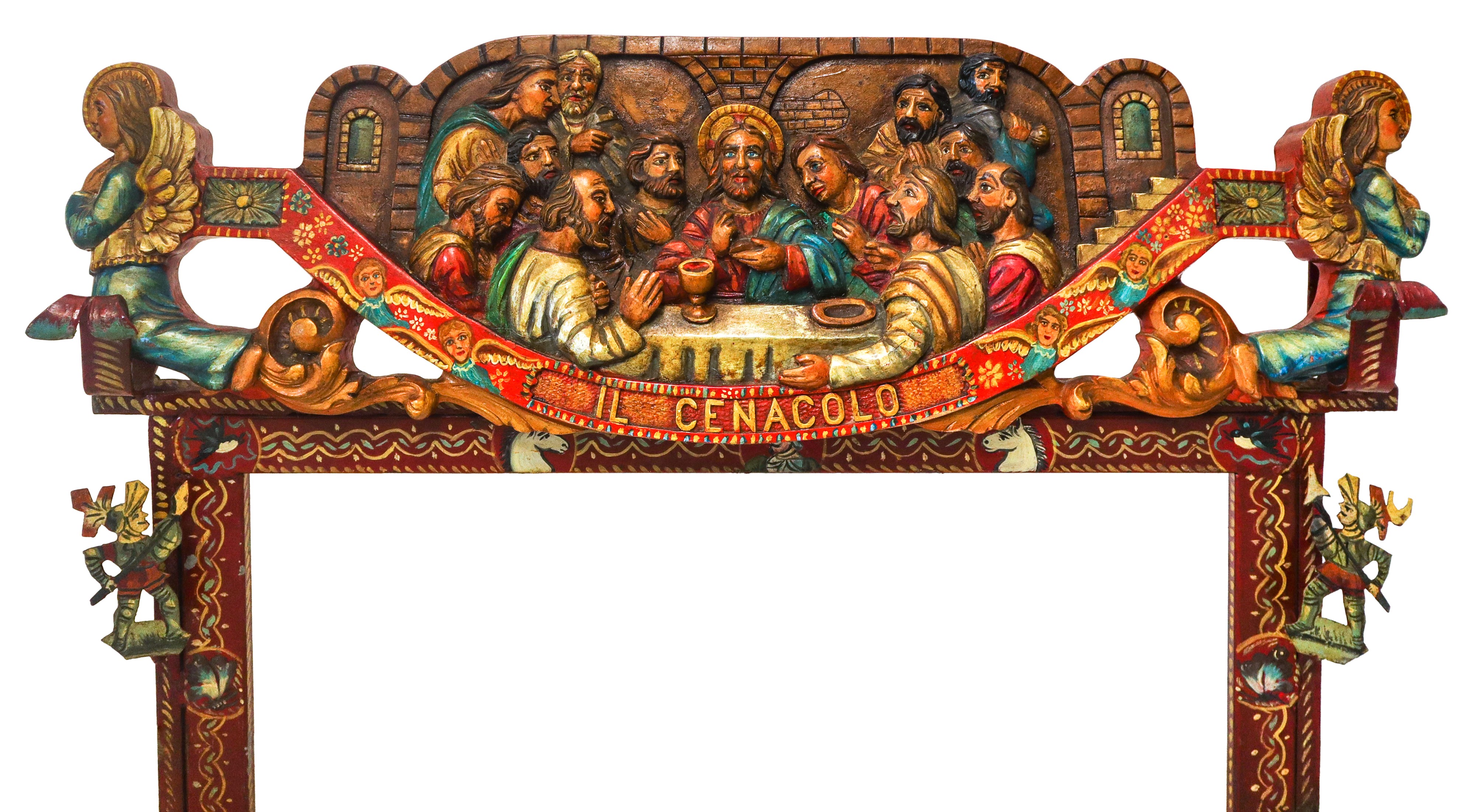Il cenacolo, chiave di carretto scolpita e sbalzata a rilievo e dipinta policroma