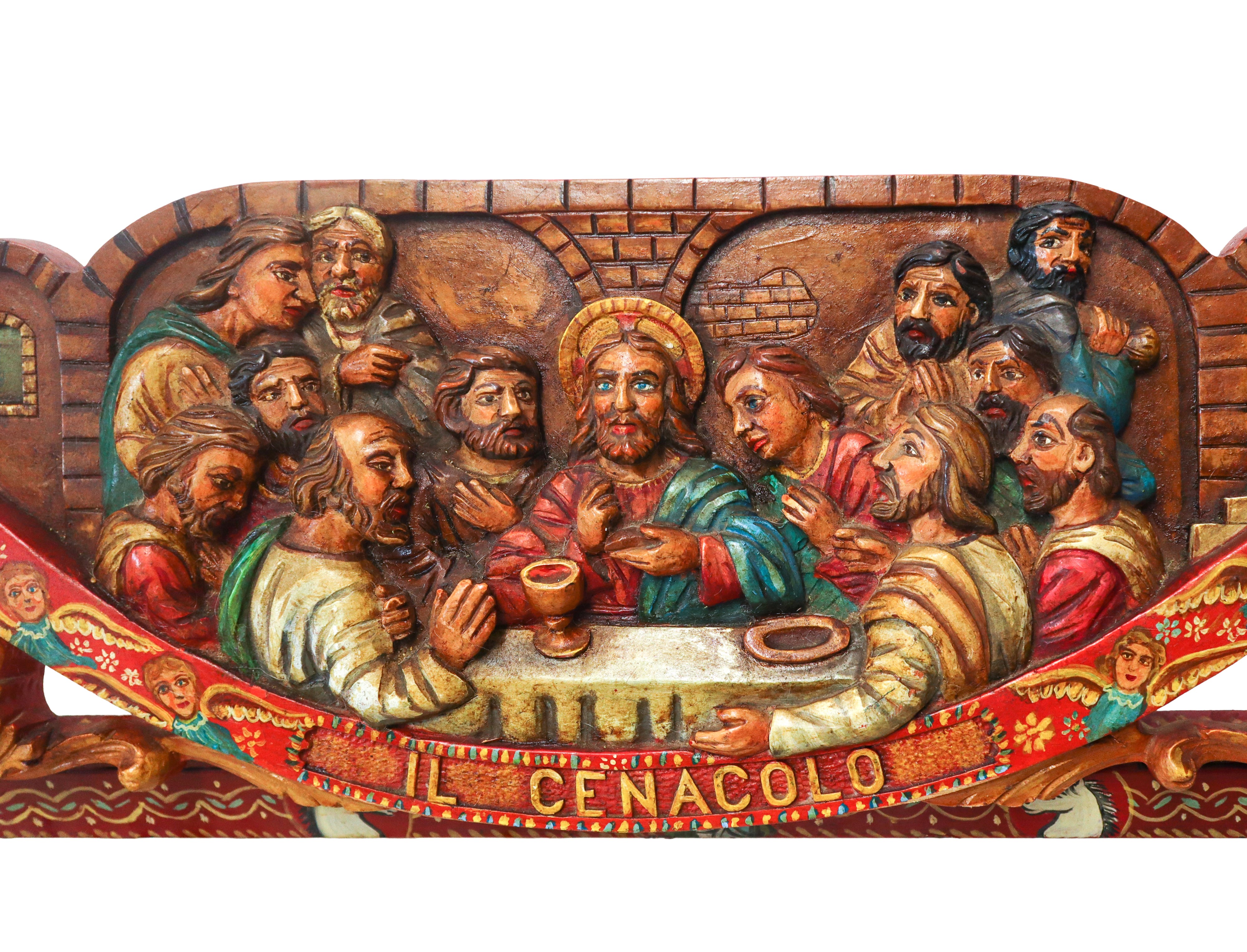 Il cenacolo, chiave di carretto scolpita e sbalzata a rilievo e dipinta policroma