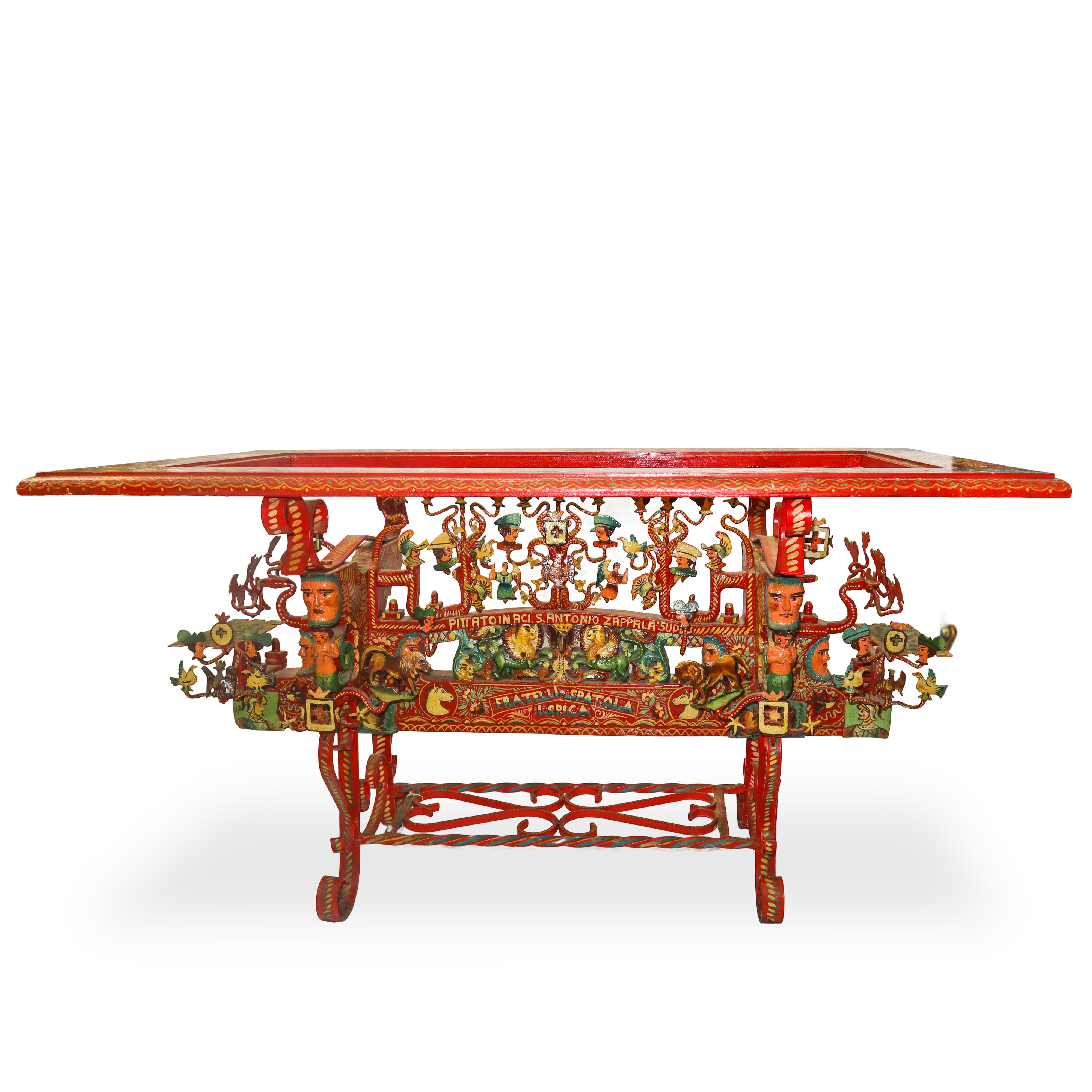 Tavolino in legno con piano in vetro dipinto policromo con scene di paladini e della tradizione s...