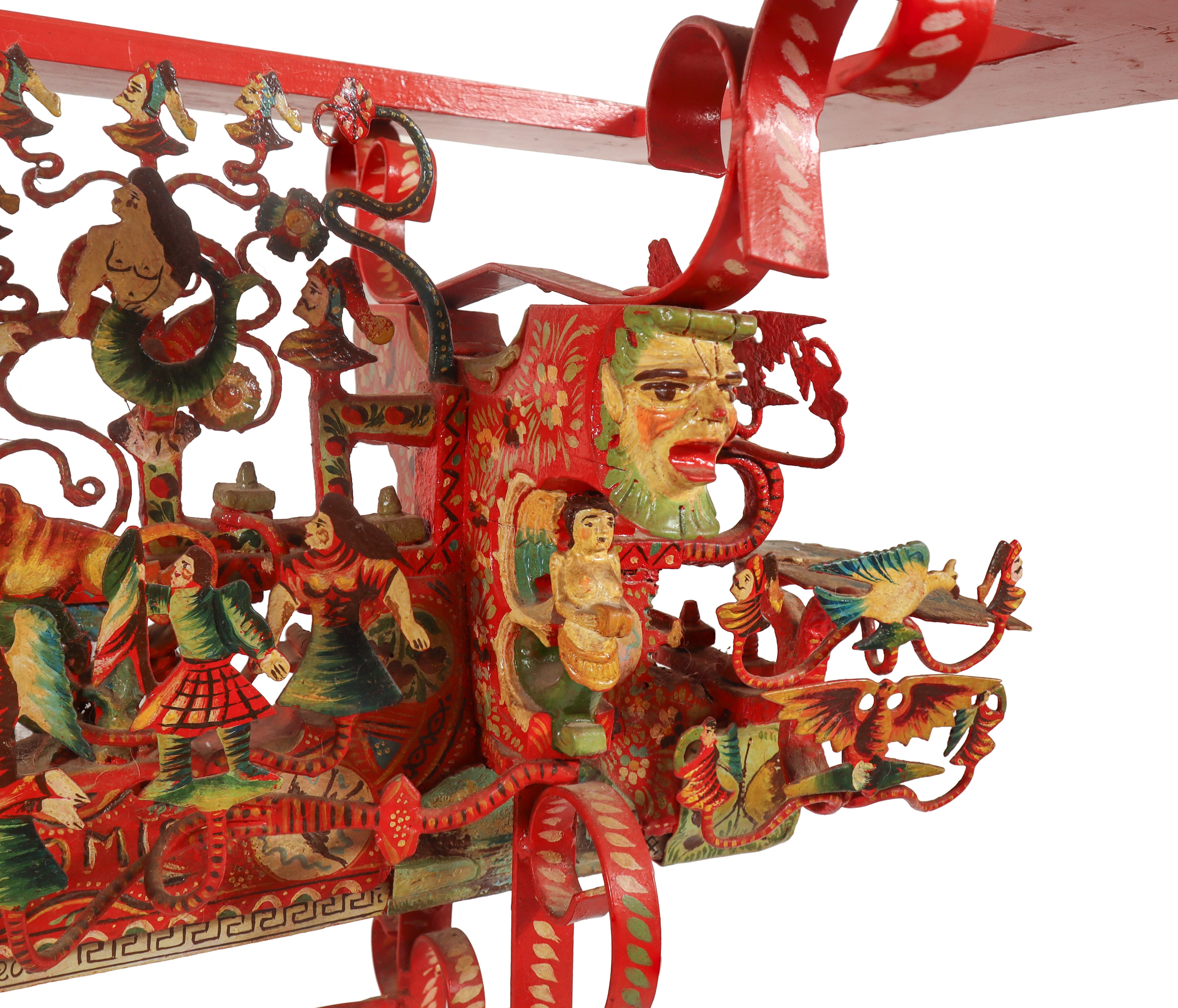 Tavolino in legno con piano in vetro dipinto policromo con scene di paladini e della tradizione s...