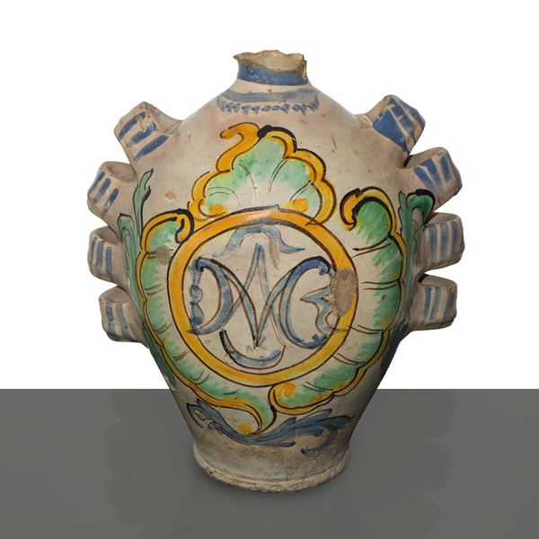 Caltagirone majolica flask with multi-handled handles