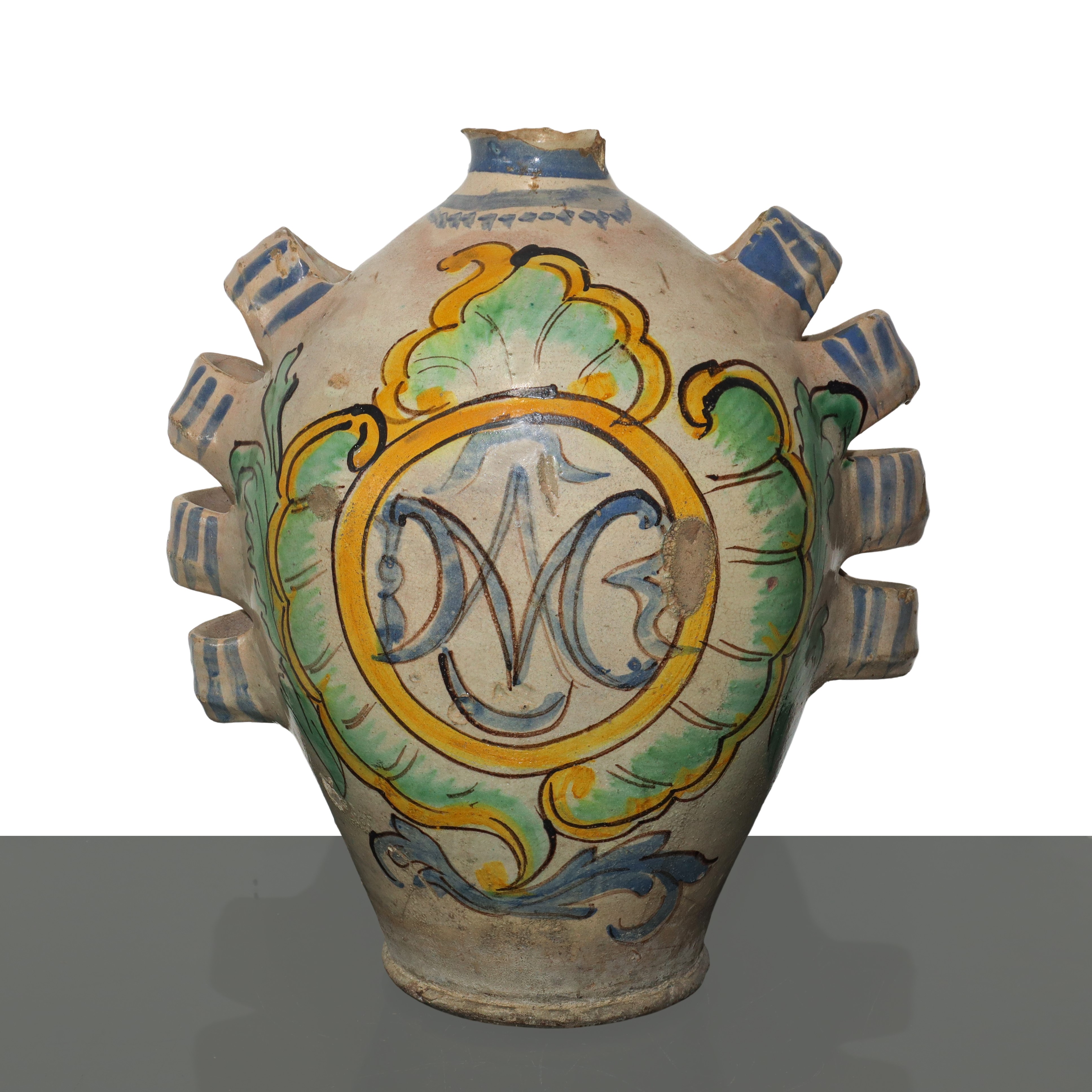 Fiasca in maiolica di Caltagirone con prese poliansate