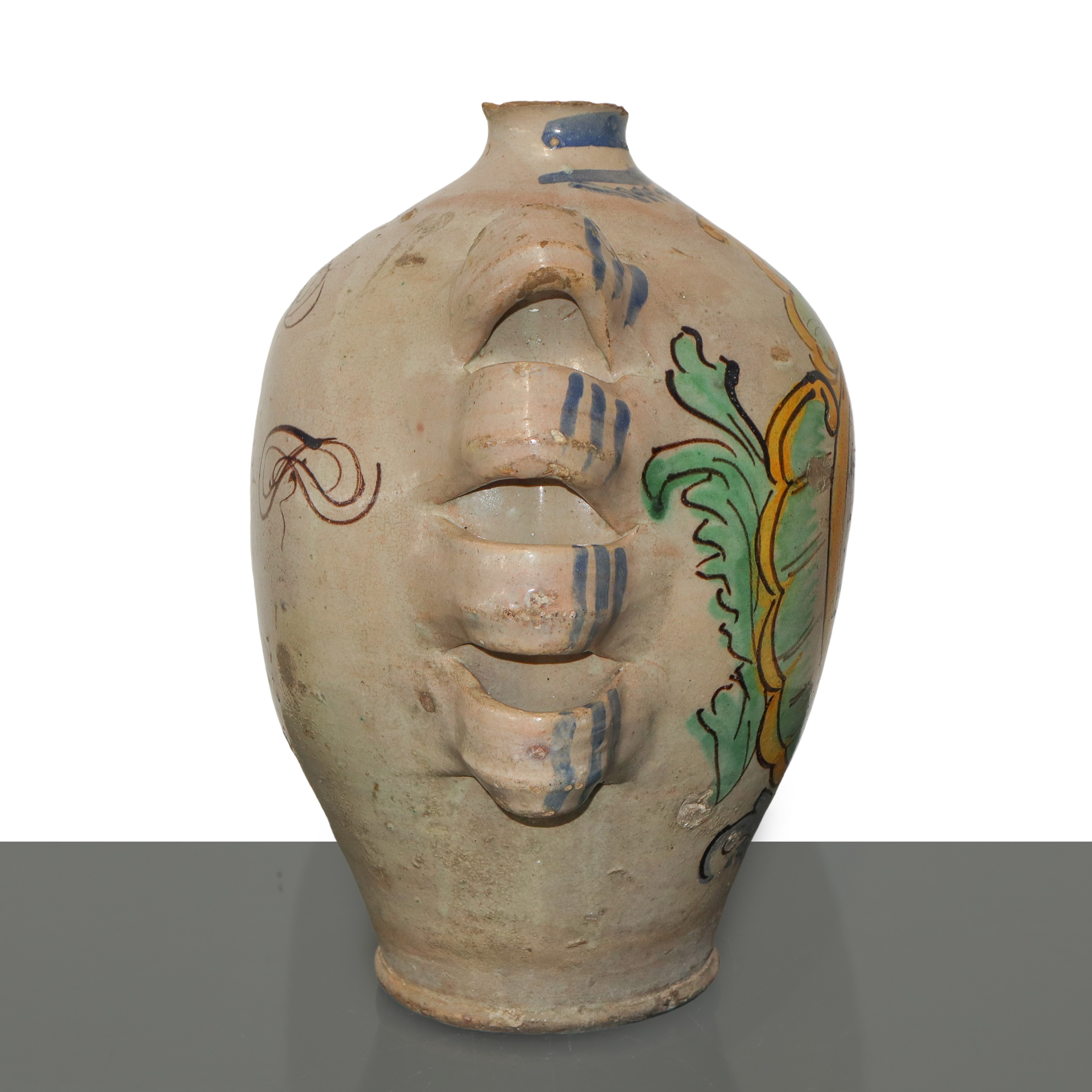 Fiasca in maiolica di Caltagirone con prese poliansate