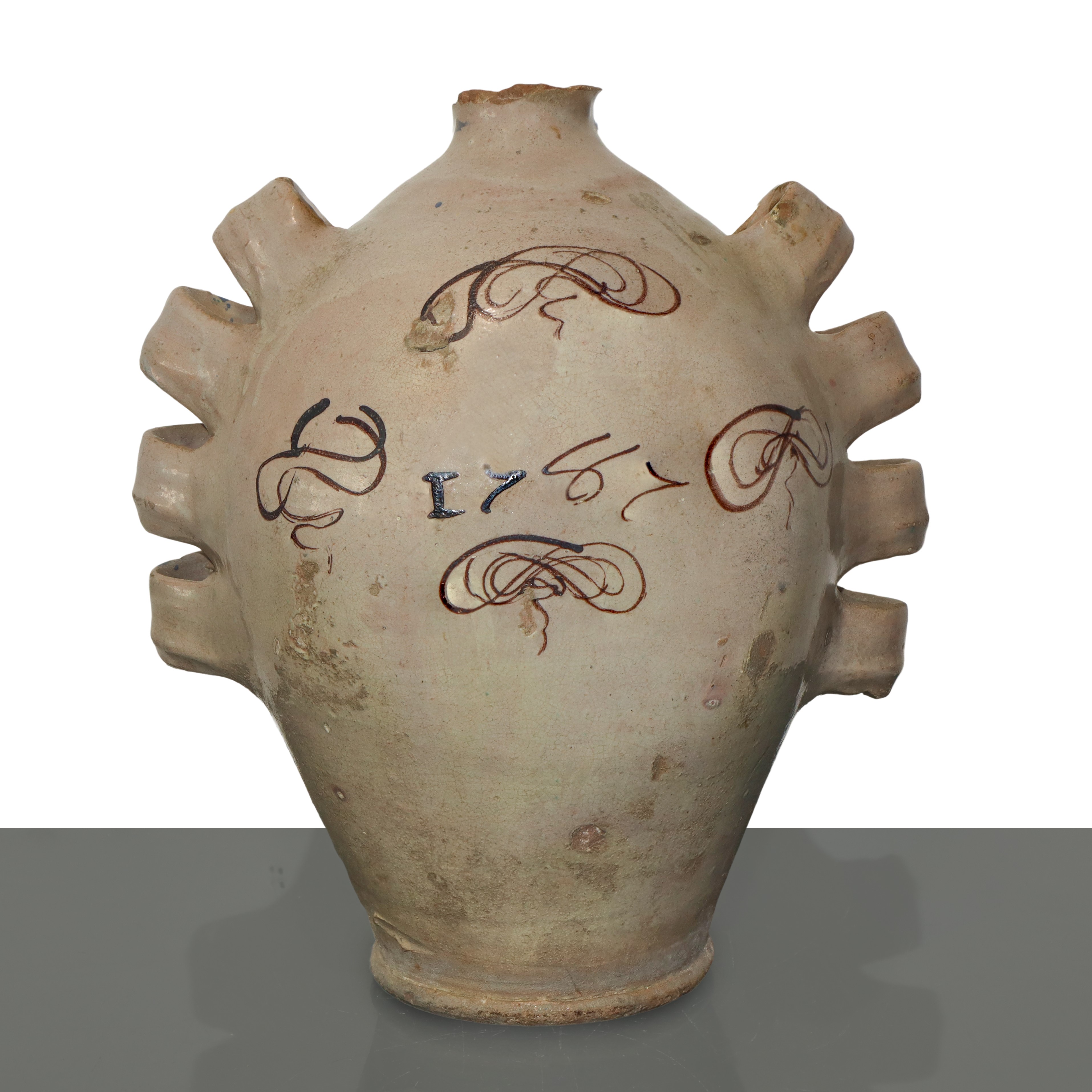 Fiasca in maiolica di Caltagirone con prese poliansate