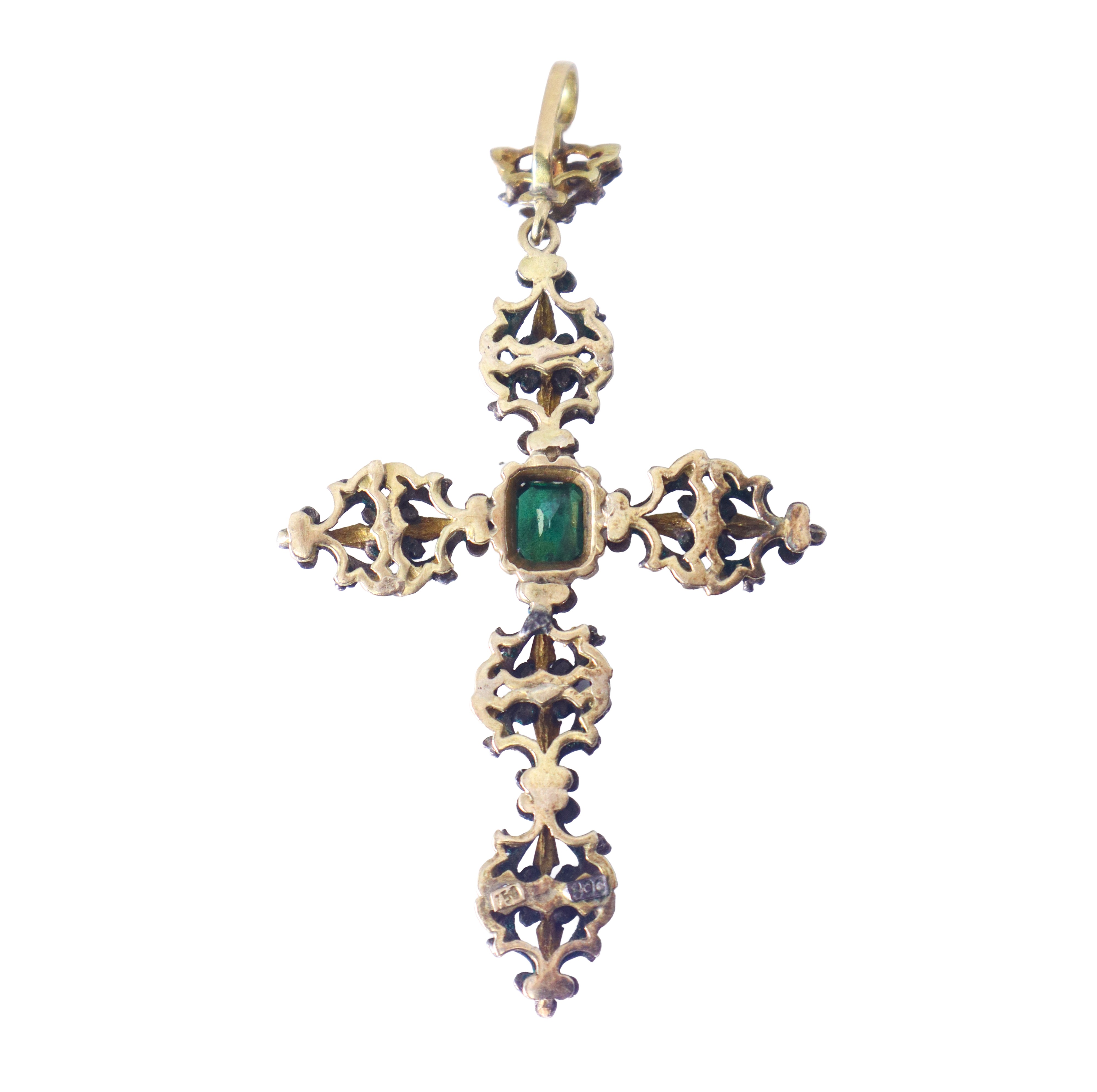 Crocifisso in oro giallo 750 e argento con pietra verde