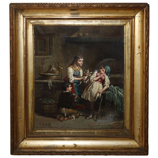 Eugenio Zampighi - Scena d'interno con bambini e gatto