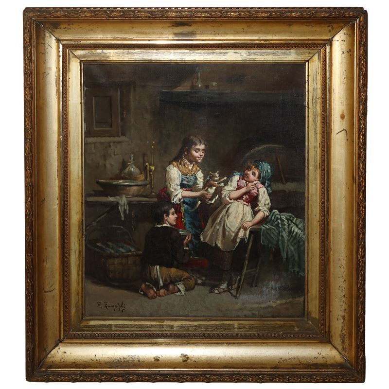 Scena d'interno con bambini e gatto