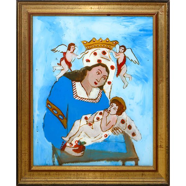 Madonna with child with apple in hand crowned by angels