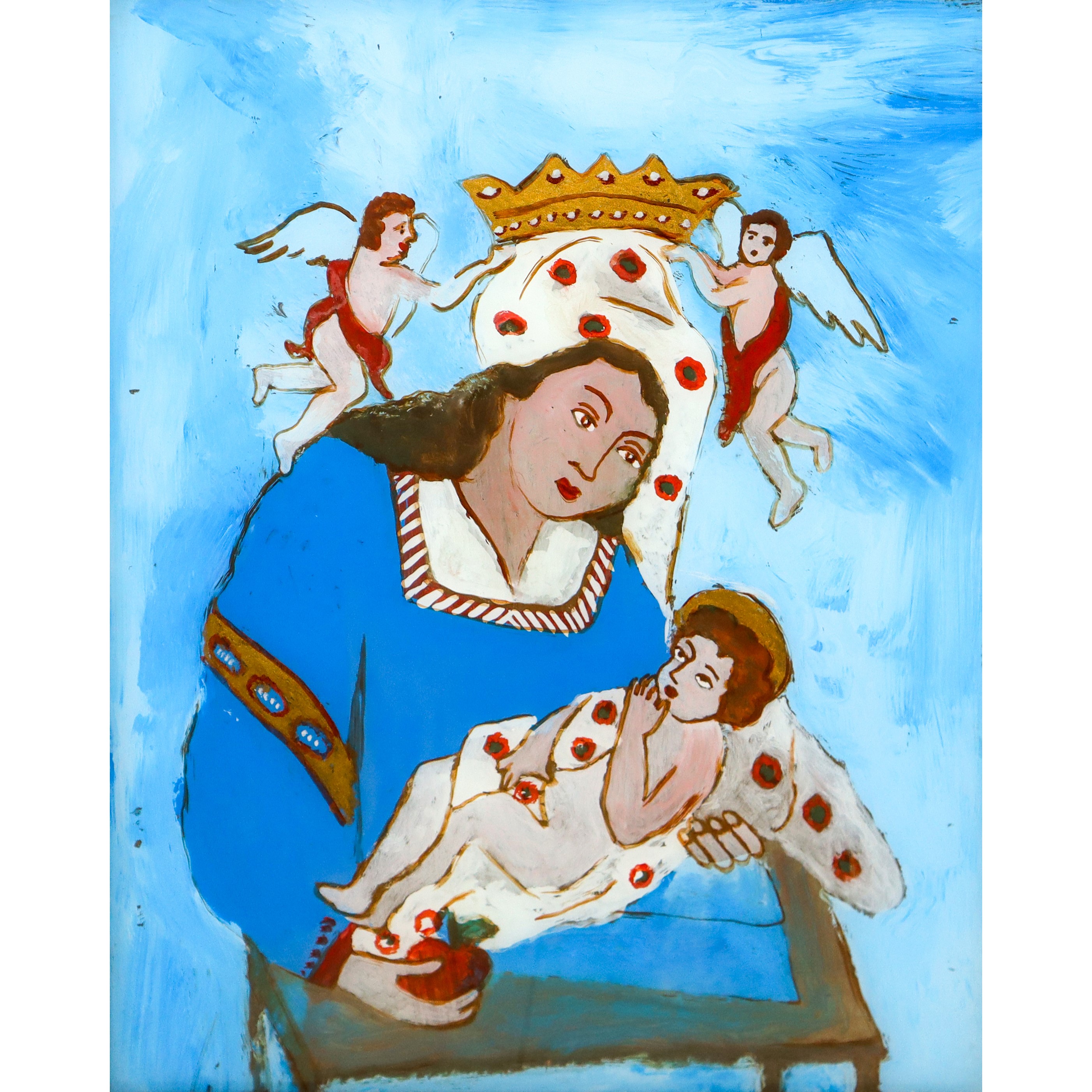 Madonna con bambino con pomo in mano coronata da angeli