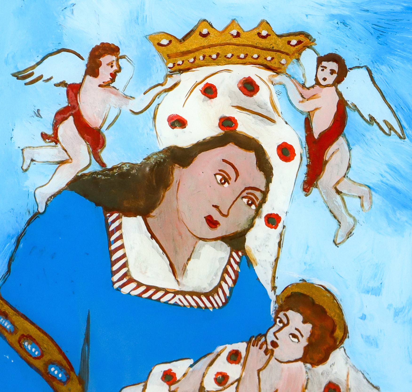 Madonna con bambino con pomo in mano coronata da angeli