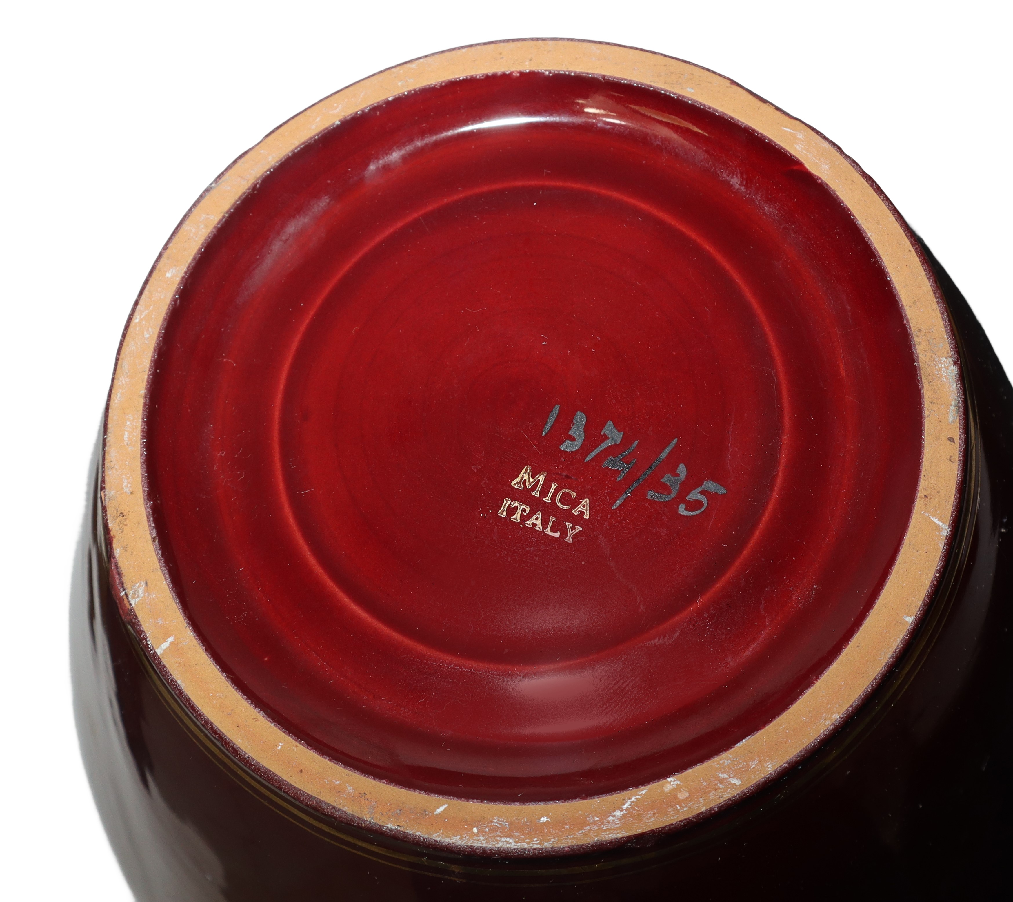 Mica Italy - Vaso in ceramica biansato con prese ad anello bordeaux e decorazione floreale dorata
