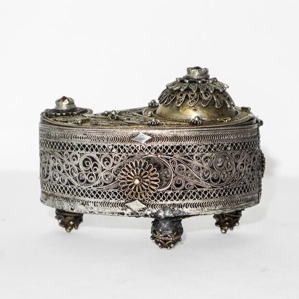 Small silver filigree box with hard stones set